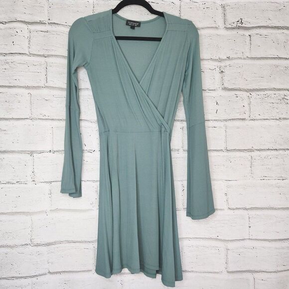 Topshop Women's Sage Green Ribbed Bell Long Sleeve Mini Paris Dress Size US 4 - Picture 2 of 16